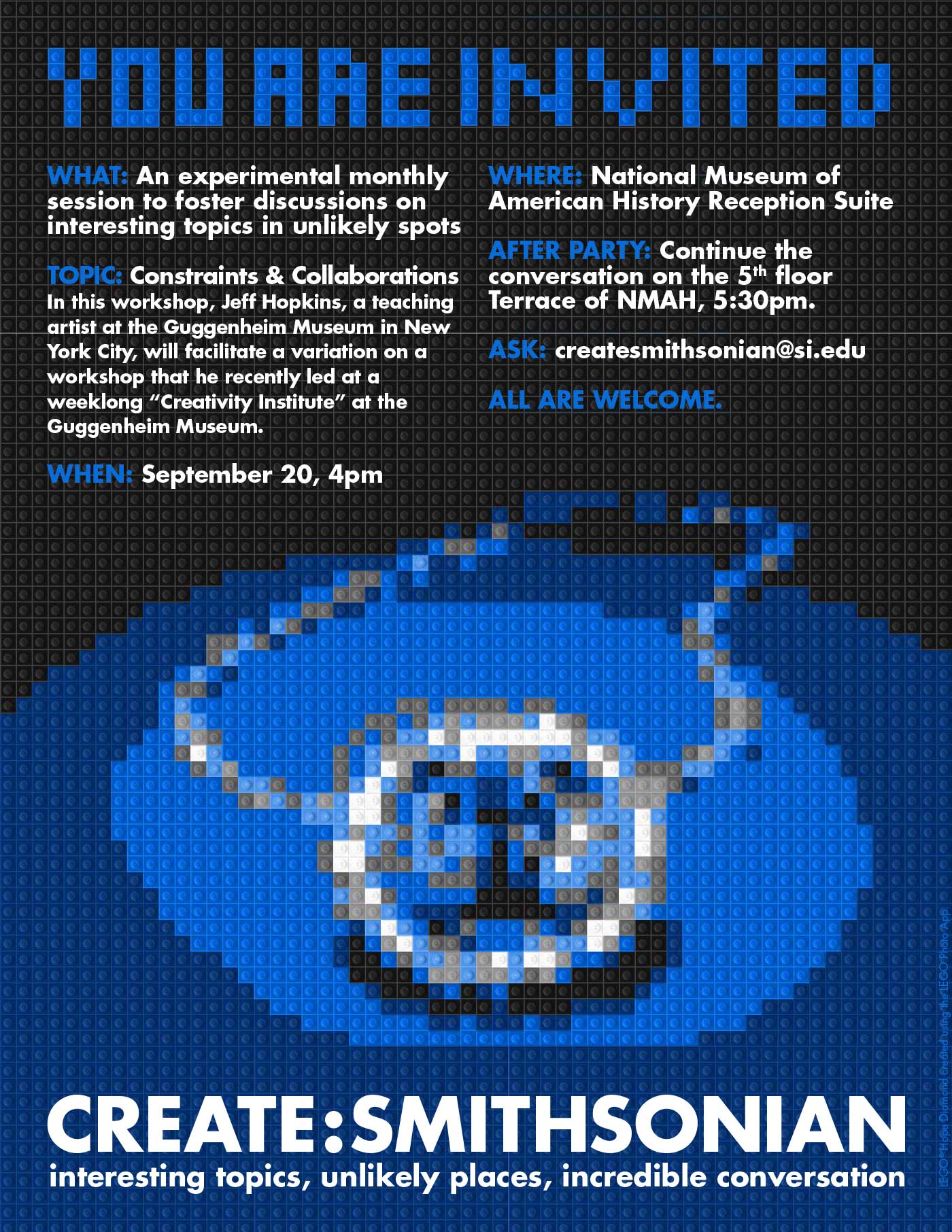 Promotional graphic for Create:Smithsonian showing the Hope Diamond made out of Legos.