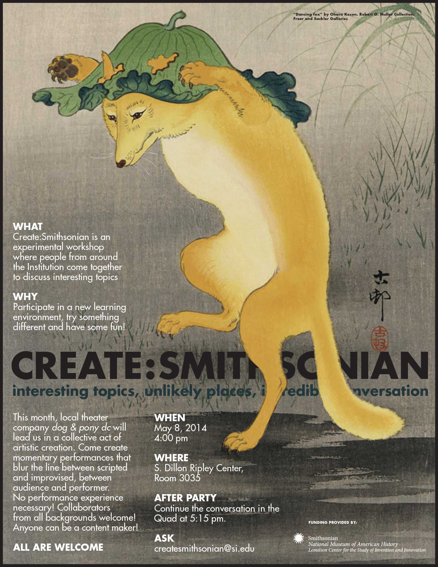 Promotional graphic for Create:Smithsonian showing a fox wearing a lettuce cap.