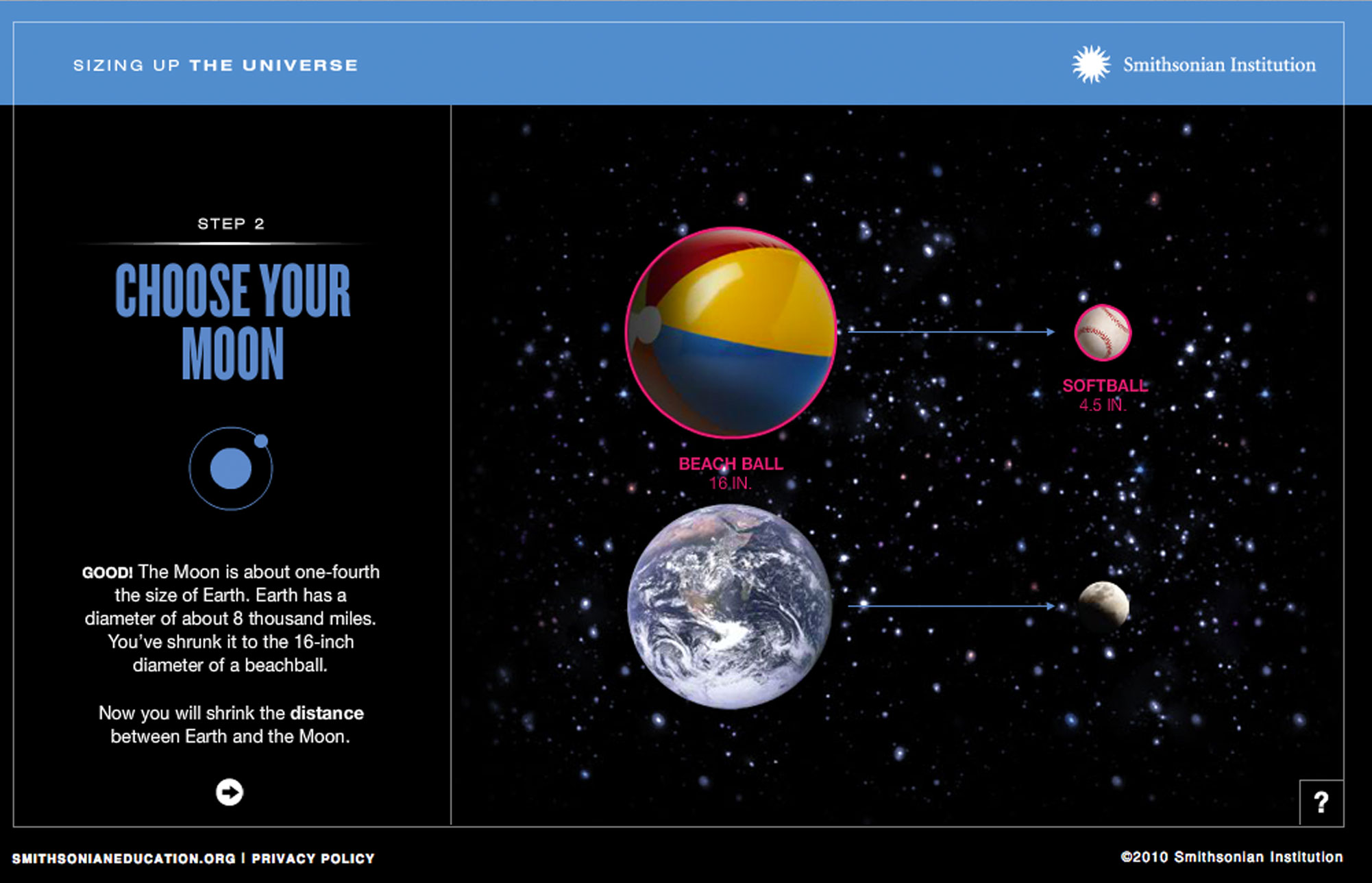 View of the Choose Your Moom screen in which the user has selected a beachball to represent the earth.