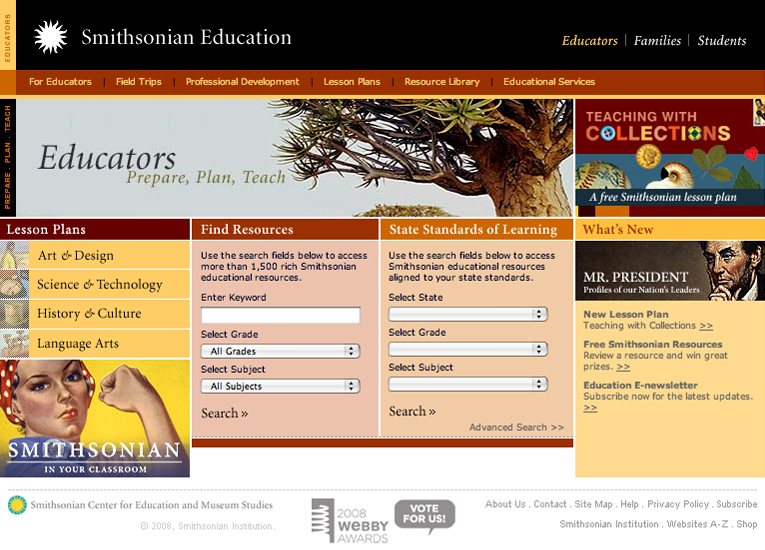 View of a Educators' homepage of SmithsonianEducation.org with search boxes to find resources and other features.