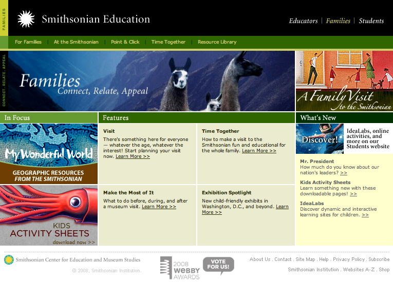 View of a Families' homepage of SmithsonianEducation.org with digital features.