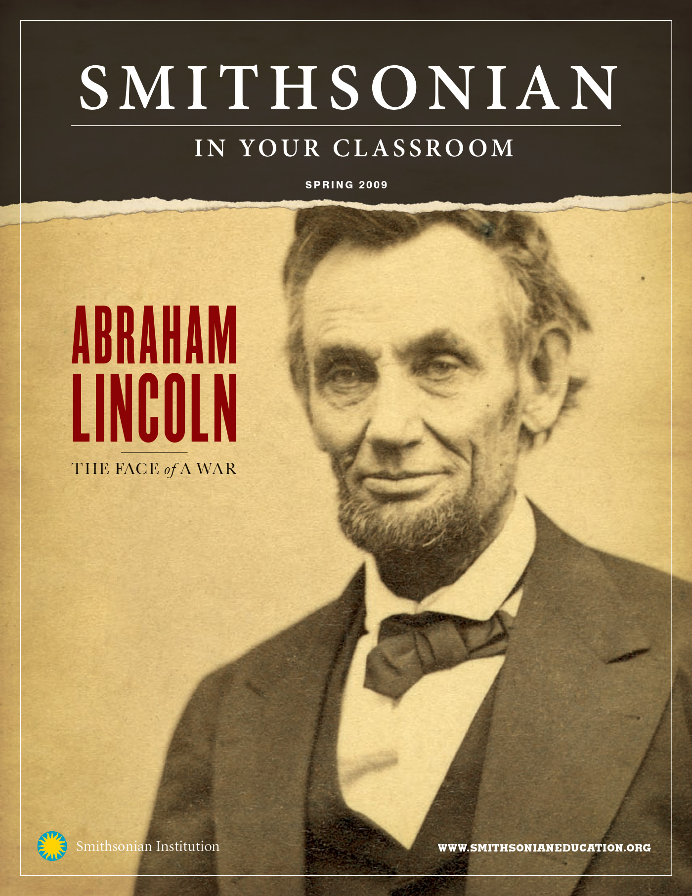 Cover of Smithsonian in Your Classroom: Abraham Lincoln The Face of War, showing a glass plate negative of the face of Lincoln.