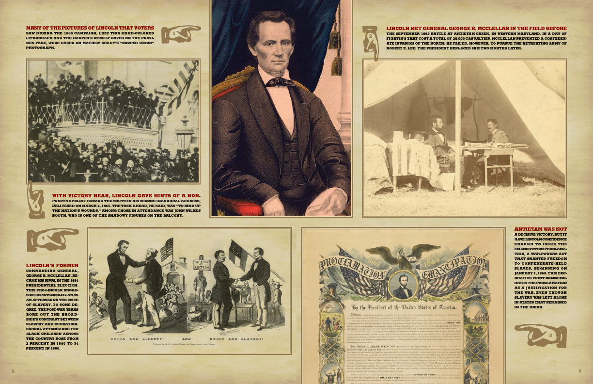 Inside spread of Smithsonian in Your Classroom: Abraham Lincoln The Face of War, various photographs of Lincoln.
