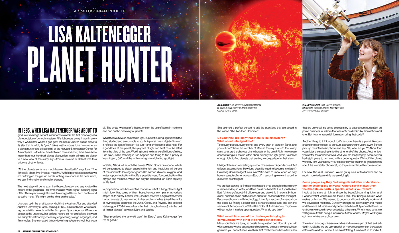Inside spread of Smithsonian in Your Classroom: The Universe An Introduction, showing a focus on Lisa Kaltenegger, Planet Hunter with text and a photograph of the scientist looking through a telescrope.