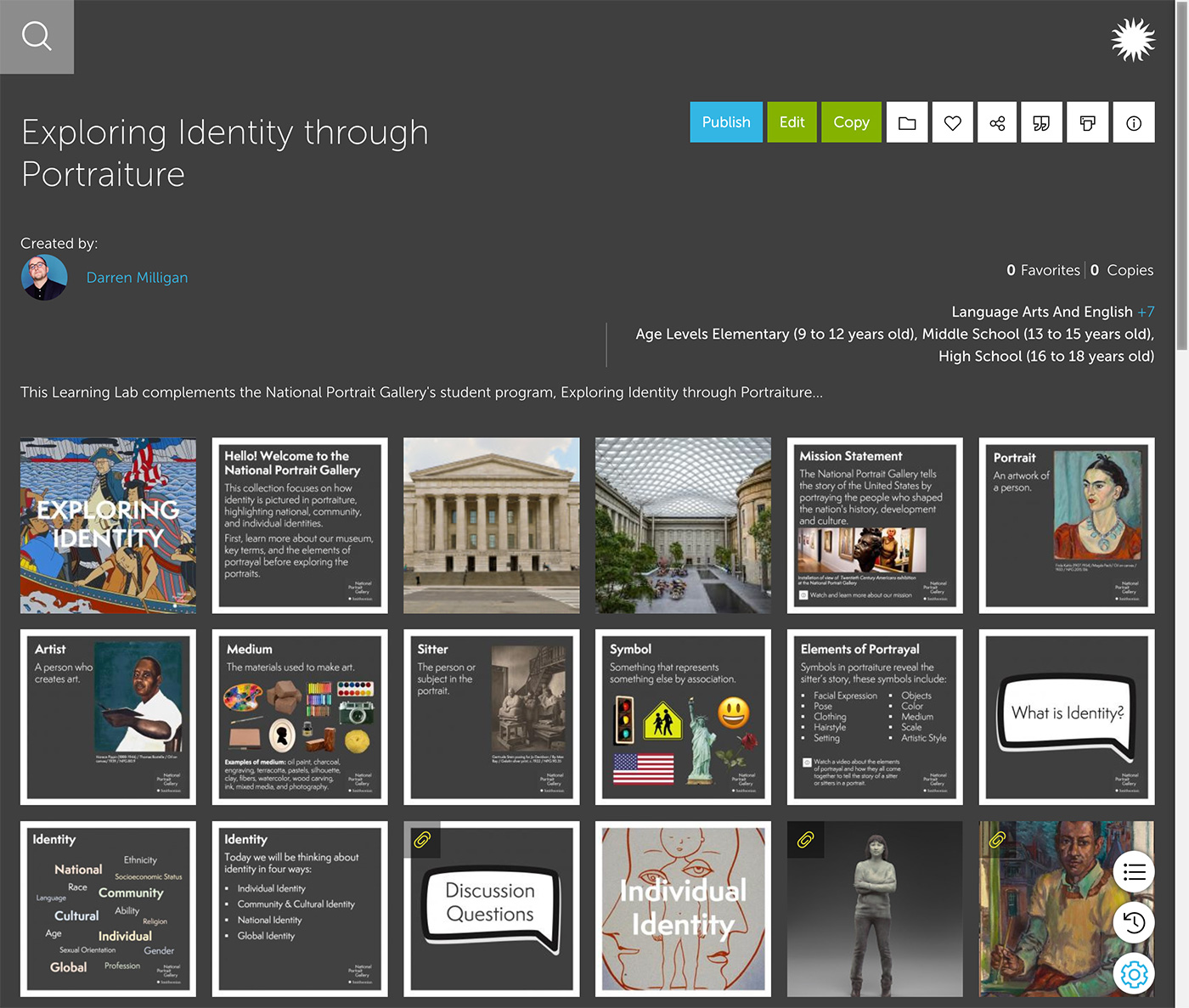 View of a Learning Lab collection. On top of a dark gray background the collection title reads, Exploring Identity through Portraiture. To the right of the title are a series of colorful buttons and below is a grid of thumbnail images that make up the components of the collection