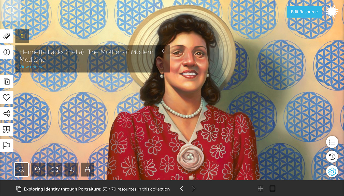 View of a Learning Lab resource. Full screen view of a painting of Henrietta Lacks, wearing a red dress, cream hat, shown smiling and looking directly at the viewer. To the left and buttom are a series of buttons for interacting with the resource.