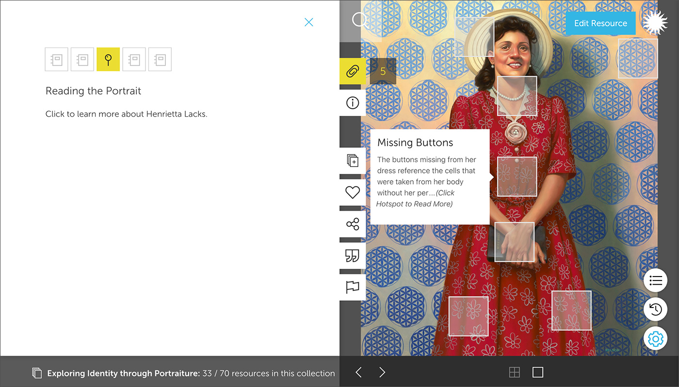 Another view of the same Learning Lab resource. The view window is divided into two sections vertically. On the left are a series of buttons for interacting with the resource and on the right the painting appears again with overlaid boxes containing information.