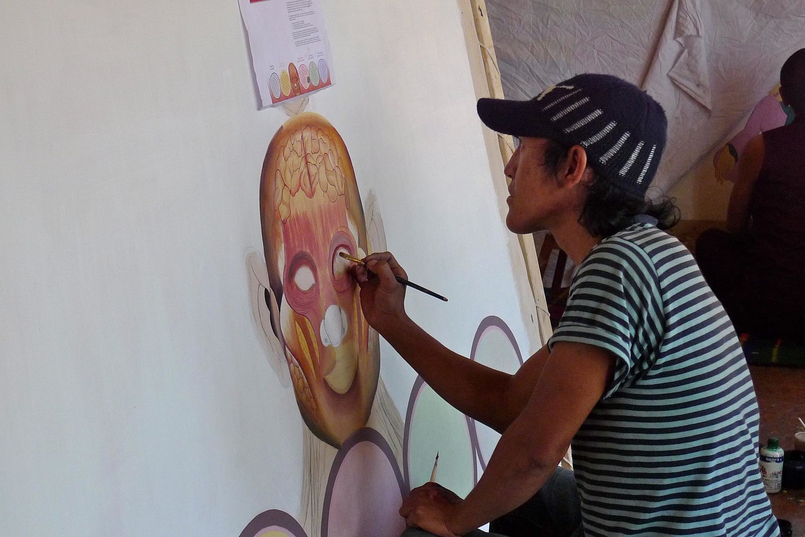A thangka artist sits in front of a large canvas painting a representation of a human head without skin.