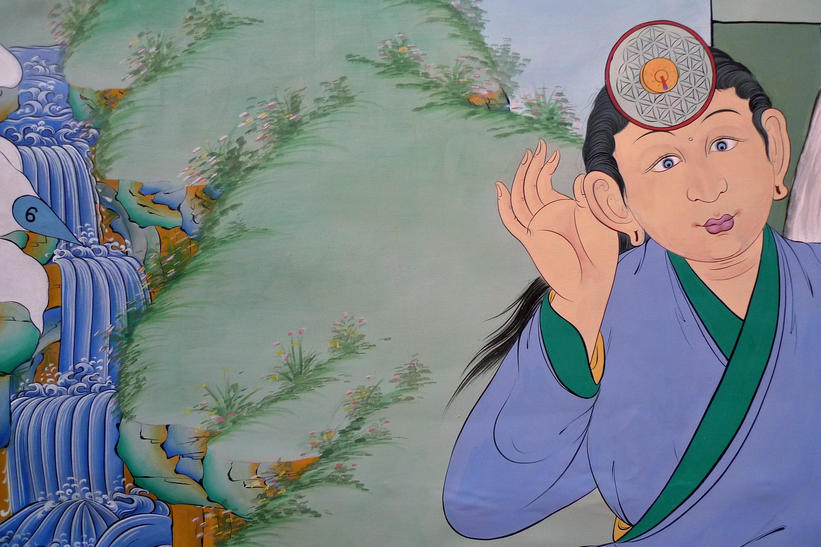 One panel of the World of Your Senses exhibition showing a man listening to the sound of a waterfall, holding his hand to his ear.